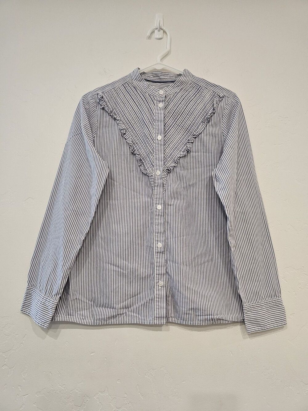 J. Crew Women's Ruffle Trim Cotton Poplin Button Up in Stripe Blue White Size 8
